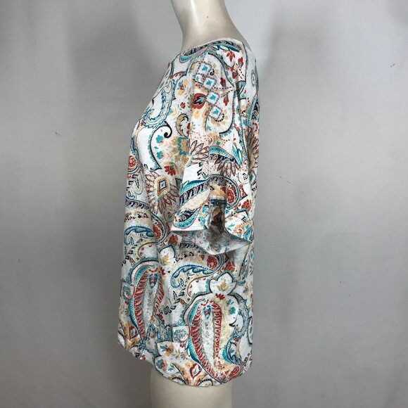 CHICO'S- WOMEN'S 3/XL - WHITE PAISLEY SHORT SLEEVE ROUND NECK LINEN TOP SHIRT - Picture 6 of 8